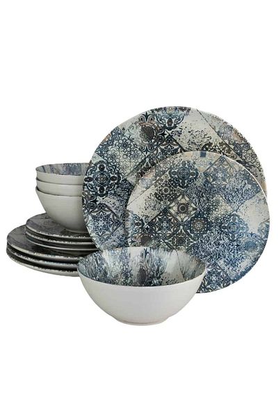 Cesiro 12-piece plate set, for 4 people, Blue Tiles, Cesiro, Ivory/Blue