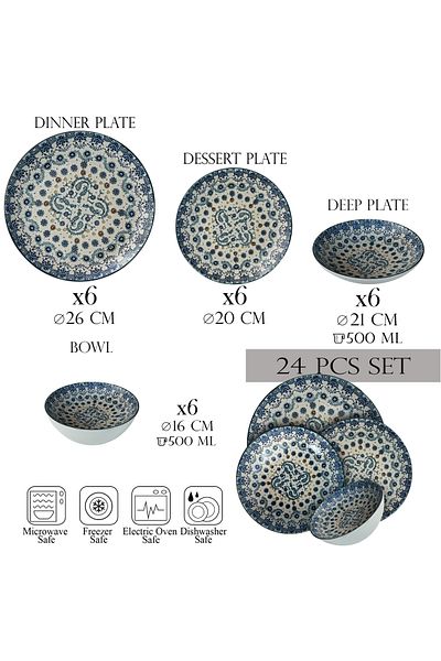 Cesiro 24-piece plate set, 6 people - Ensemble Serenità Blu - Italian Porcelain Dinnerware Set
