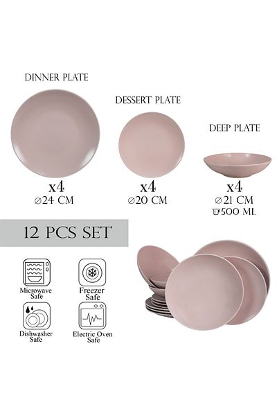 Cesiro 12-piece plate set, for 4 people, Milkshake, Cesiro, Matte Pink