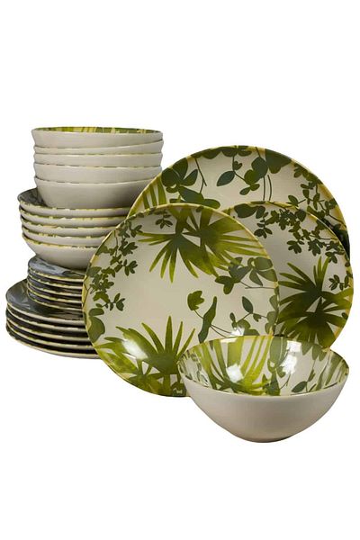 Cesiro 24-piece plate set, for 4 people, Hawaii, Cesiro, Ivory white with green leaves