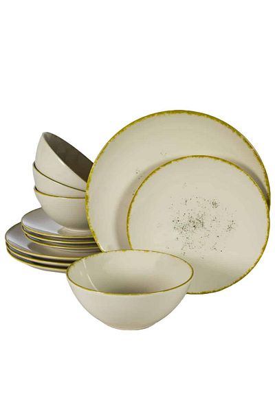 Cesiro 12-piece plate set, for 4 people, Ivory Stone, Cesiro, Glossy Ivoire White with gold rim