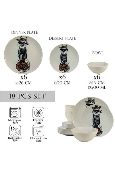 Cesiro 18-piece plate set, for 6 people, Robber Cat, Cesiro, Ivory White with Cat