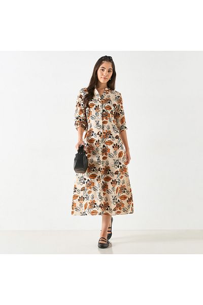 FAV All-Over Floral Print Mandarin Collar Shirt Dress with Long Sleeves