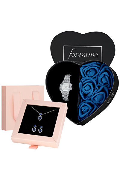 Forentina Lacivert Güllü Kutuda Taşlı Gri Metal Kol Saati-Özel Pembe Kutuda L...