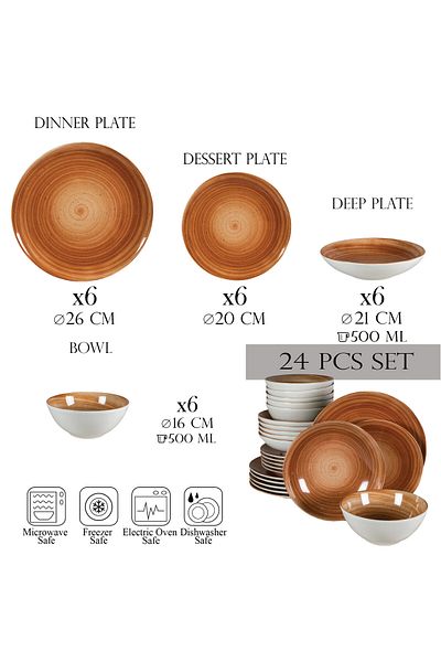 Cesiro 24-piece plate set, for 6 people, Earth, Cesiro, Ivoire White with Brown