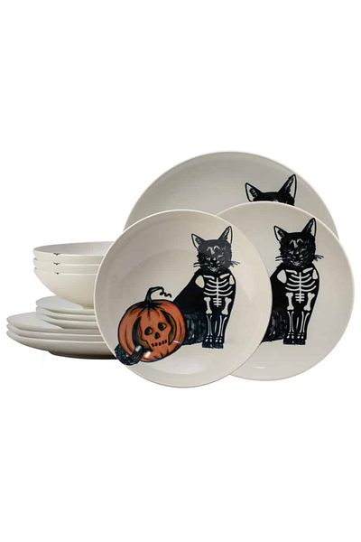 Cesiro 12-piece plate set, for 4 people, Skeleton Kitty, Cesiro, Ivoire with Cat