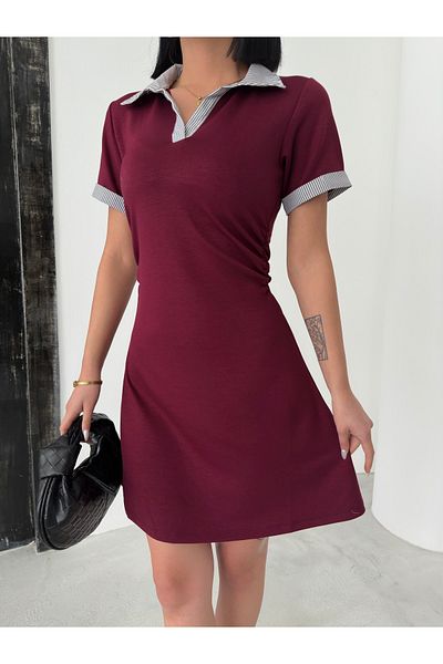 QUTTA Women's Burgundy Shirt Collar Modal Fabric Short Sleeve Dress