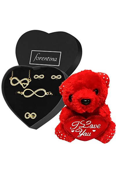 Forentina Altın Kaplama Sonsuzluk Kolye Küpe Bileklik Yüzük-Kırmızı Ayıcık He...