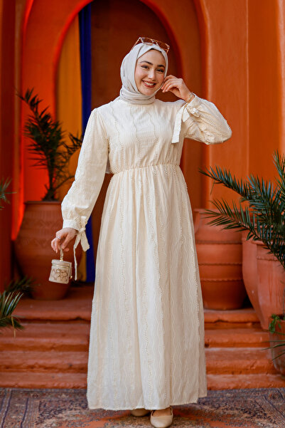 LOCCO Rochie jacquard cu mâneci pentru femei, crem