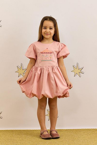 Fahhar Kids Pink Embroidered Detailed Balloon Dress