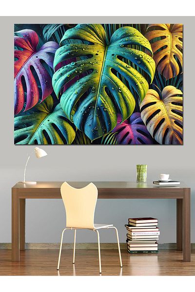 Tablomega Διακοσμητικός καμβάς Neon Tropical Leaves - Ξύλινος πίνακας MDF