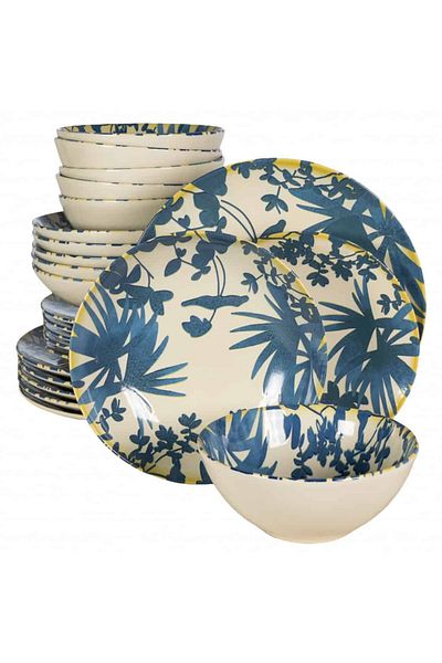 Cesiro 24-piece plate set, for 6 people, Hawaii, Cesiro, Ivory white with dark blue leaves