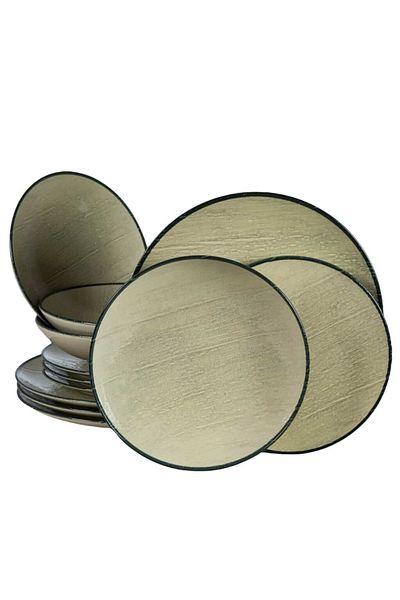Cesiro 12-piece plate set, for 4 people, Sand, Cesiro, Ivoire White with black rim