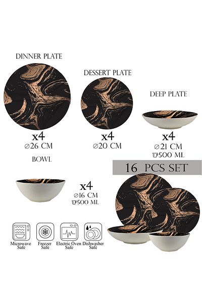 Cesiro 16-piece plate set, 4 people - Ensemble Bronzed Marble - Italian Porcelain Dinnerware Set