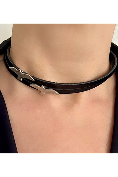 Kutcha Accessories Leather Choker Necklace with Bird Wing Detail