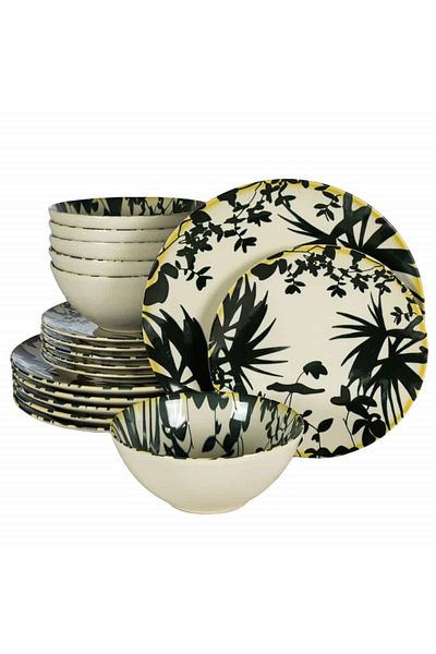 Cesiro 18-piece plate set, for 6 people, Hawaii, Cesiro, Ivory decorated with black leaves