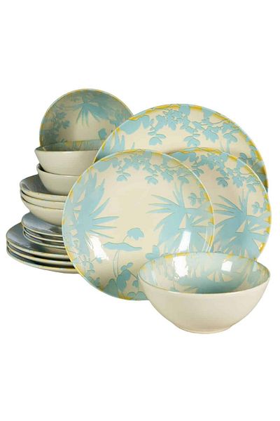 Cesiro 16-piece plate set, for 4 people, Hawaii, Cesiro, Ivory White with light blue leaves