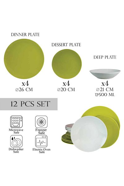 Cesiro 12-piece plate set, for 4 people, Lily, Cesiro, White/Lime Green