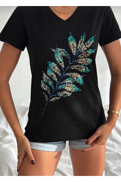 Birru Butik Women's V-Neck 100% Cotton Sequin Leaf Embroidered T-Shirt