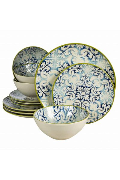 Cesiro 12-piece plate set, for 4 people, Marocco, Cesiro, Ivory White with Blue