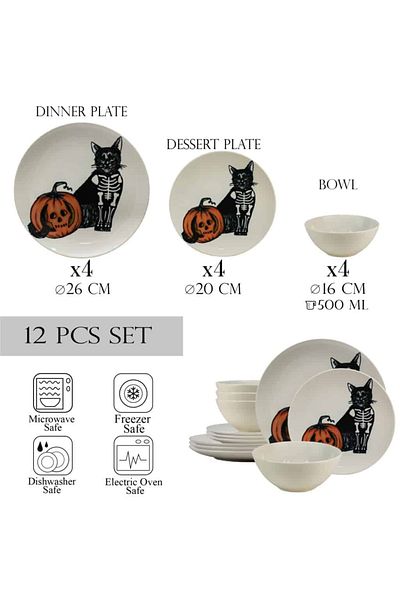 Cesiro 12-piece plate set, for 4 people, Skeleton Kitty, Cesiro, Ivory White with Cat