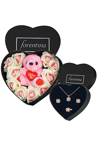 Forentina Rose Tektaş Kolye Küpe Yüzük-Kalpli Kutuda Pembe Beyaz Güllü Ayıcık...