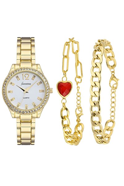 Forentina Gold Metal Kol Saati-Kırmızı Taşlı Kalpli 2li Bileklik Kombin Set P...