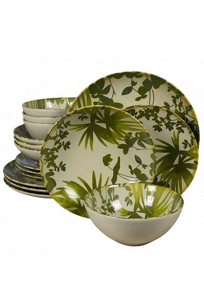 Cesiro 16-piece plate set, for 4 people, Hawaii, Cesiro, Ivory white decorated with green leaves