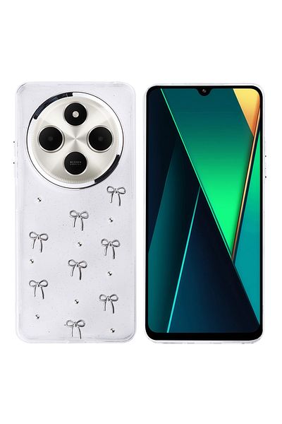 noktaks حافظة متوافقة مع هاتف Xiaomi Redmi 14C 4G بتصميم وسادة هوائية وغطاء حماية شفاف فضي - Bowknot-T36553