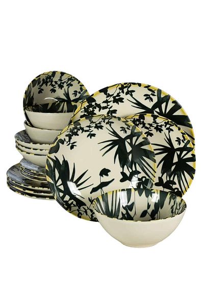 Cesiro 16-piece plate set, for 4 people, Hawaii, Cesiro, Ivory white with black leaves