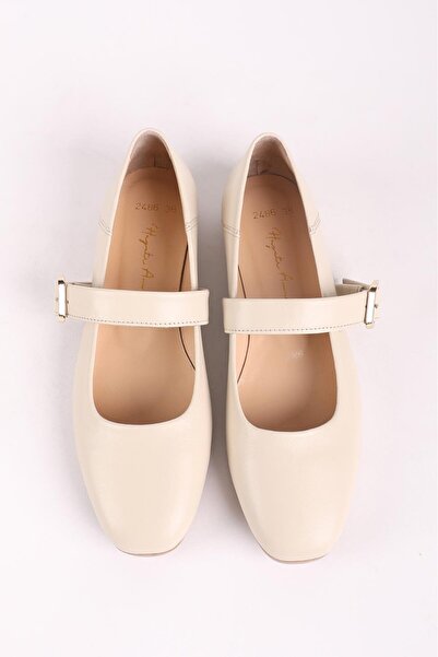 Hayati Arman Women's Genuine Leather Top Strappy Ballerinas Beige