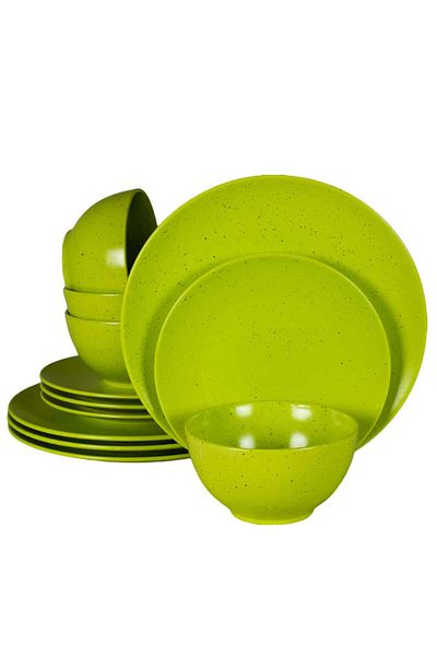 Cesiro 12-piece plate set, for 4 people, Lime Juice, Cesiro, Matte Green with black dots