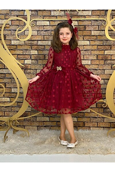 pijama moda Kız Çocuk Bordo Puantiyeli Tüllü Elbise