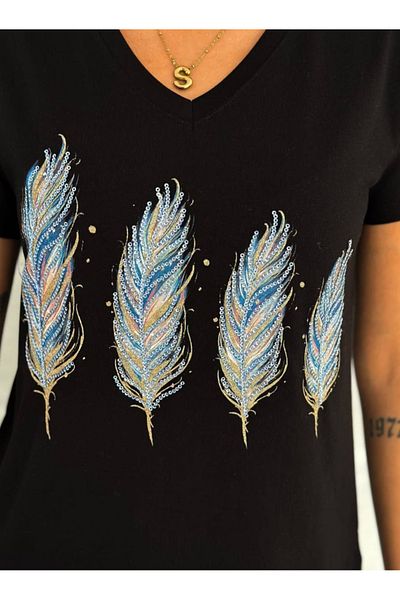 Birru Butik Women's V-Neck 100% Cotton Sequin Feather Embroidered T-Shirt