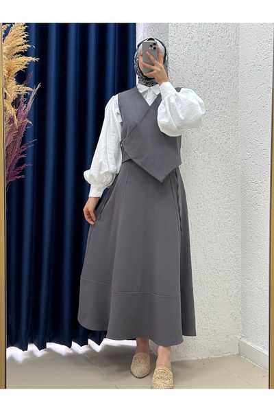 Ebrar Store Magnolia Skirt Vest Single Pocket Suit-Et2466 Anthracite