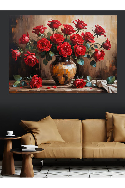 KanvasSepeti Trandafiri roșii în vază Pictură decorativă în ulei Texturată Pânză de înaltă calitate Pictură pe pânză 120 x 80 cm
