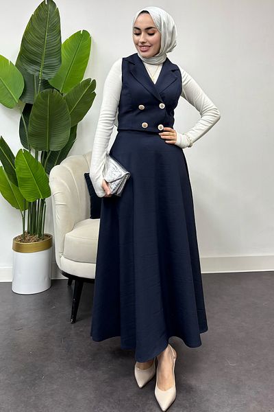 Tesettür Diyarı Women's Four Button Vest Suit - Navy Blue