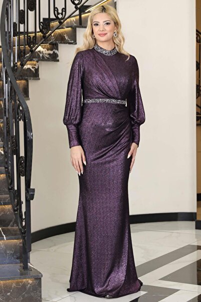 SUBU TASARIM Hürrem Tailored Evening Dress with Stones Purple Tbselb76