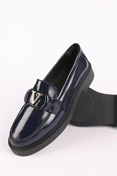 Hayati Arman Kadın Hakiki Deri Toka Detaylı Loafer Lacivert Rugan