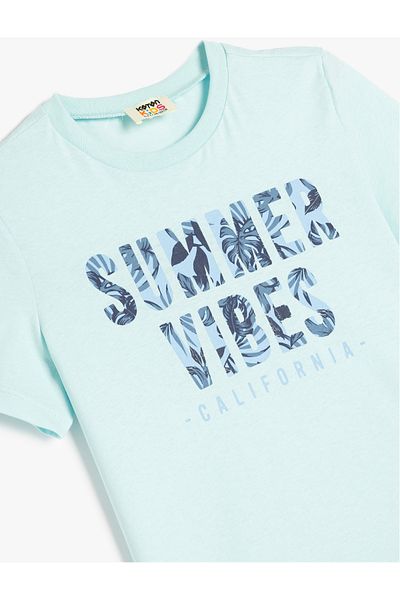 Koton Tricou din bumbac cu mânecă scurtă, cu slogan, cu decolteu și mânecă scurtă