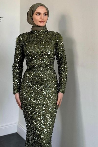MERVEN AKYÜZ Lalin Sequined Fish Evening Dress Khaki