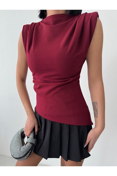 QUTTA Women's Burgundy Padded Stand Collar Asymmetrical Crepe Blouse
