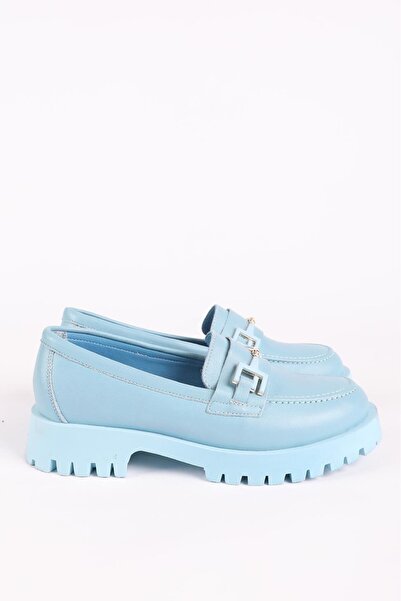 Hayati Arman Women's Genuine Leather Buckle Detailed Loafer Shoes Light Blue