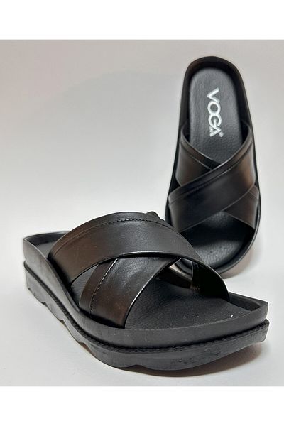 Voga Günyolu Black - Long More Healing Women's Casual Slippers with Leather Look Combination