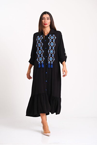 Keyifli Moda فستان قميص طويل مكشكش ذو أكمام مطرزة وخرز على شكل عين الشر باللو...