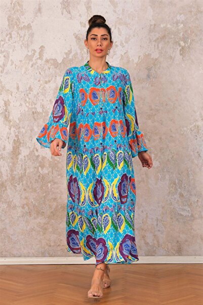 Keyifli Moda Жіноча синя розкльошена спідниця на ґудзиках з розкльошеним рукавом на ґудзиках з тропічним візерунком довга сукня