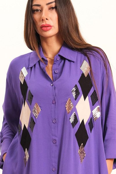 Keyifli Moda Women's Purple Front Sequin Sequin Applique Embroidered Long Shirt Dress with Sleeve Epaulets