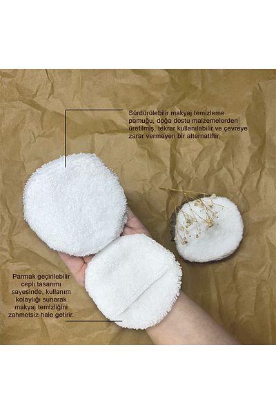 MEŞELİ TEKSTİL 3 Pack White Makeup Remover Pads with Pocket - Reusable - 100% Cotton - Washable