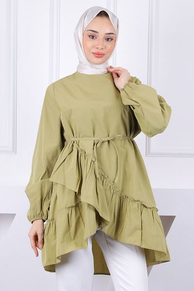 İmajButik Oil Green Skirt Layered Ruffled Tunic