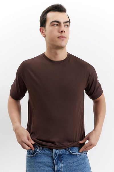 TENA Men's Brown Crew Neck Sleeve Skirt Trim Basic T-Shirt